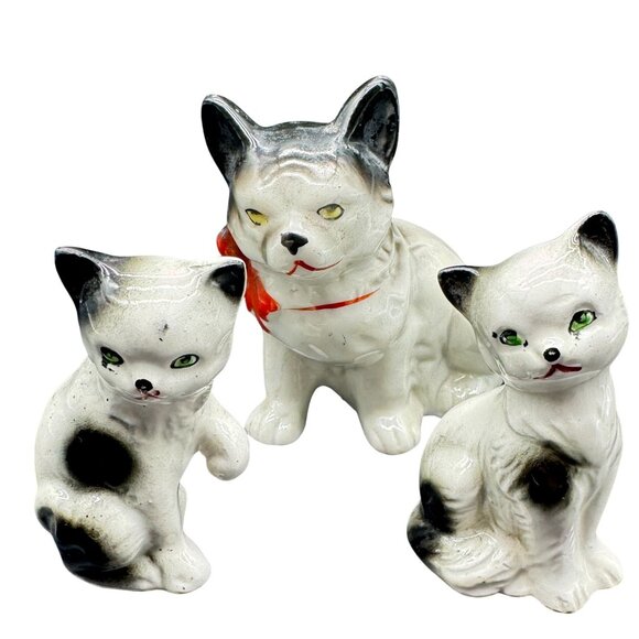 Cat Figurines Other - Vintage Ceramic Cat Figurines Trio With Black & White Spots Hand-Painted japan